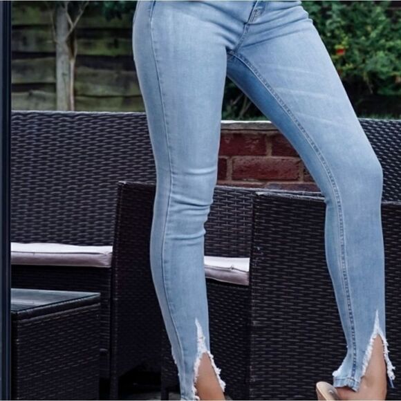 Light Blue Extreme Distressed Hem Skinny Jeans - Picture 4 of 6